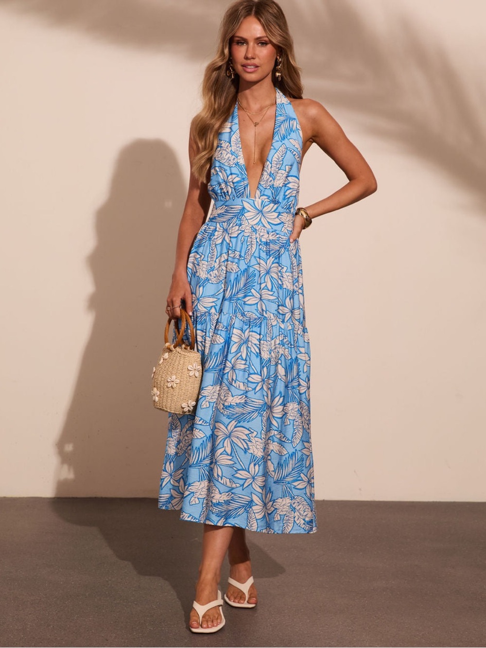 Vici Light Blue & White Floral Halter Maxi Dress